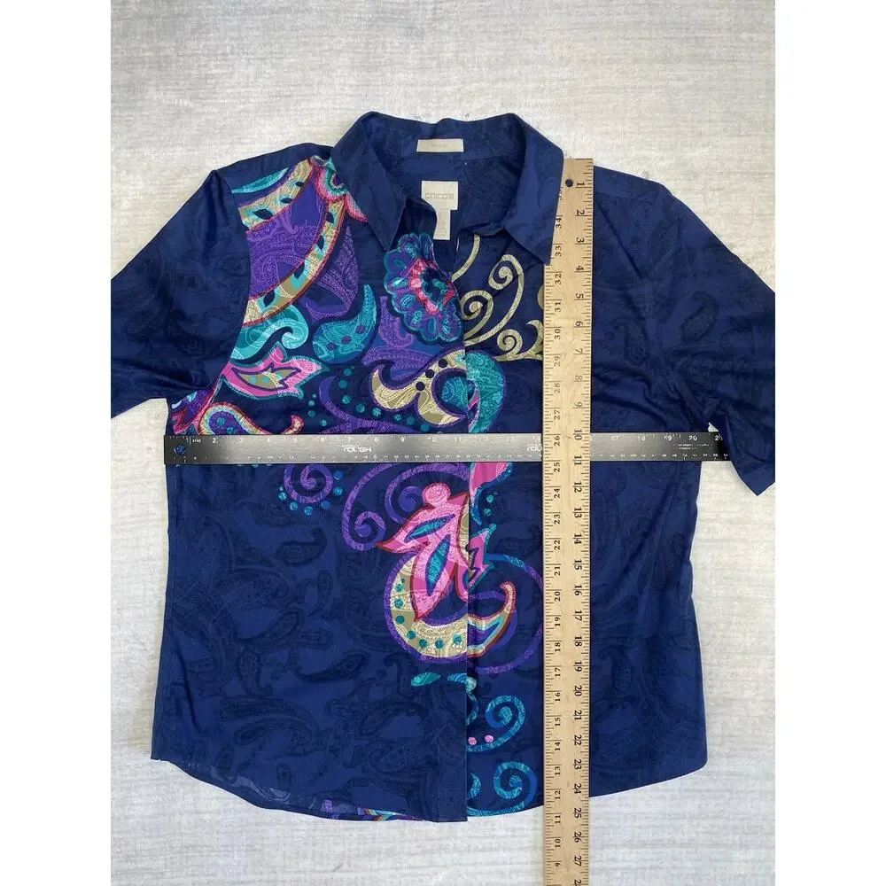 Chicos No Iron Shirt Womens Size 1 US 8/10 Blue Artsy Short Sleeve Double Sided